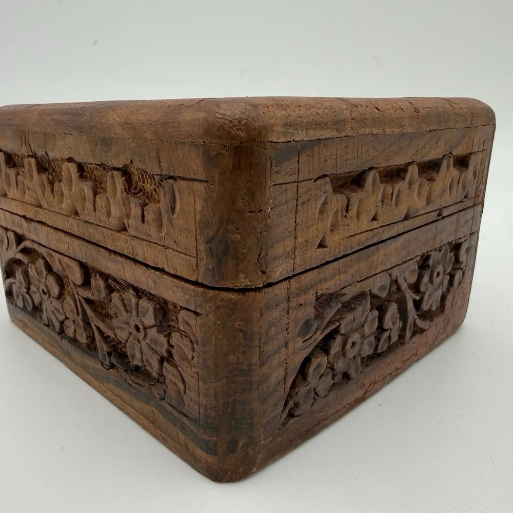 Vintage Wooden Trinket Box Jewelry Hinge Made in India Small Decor 4x4x2.5in